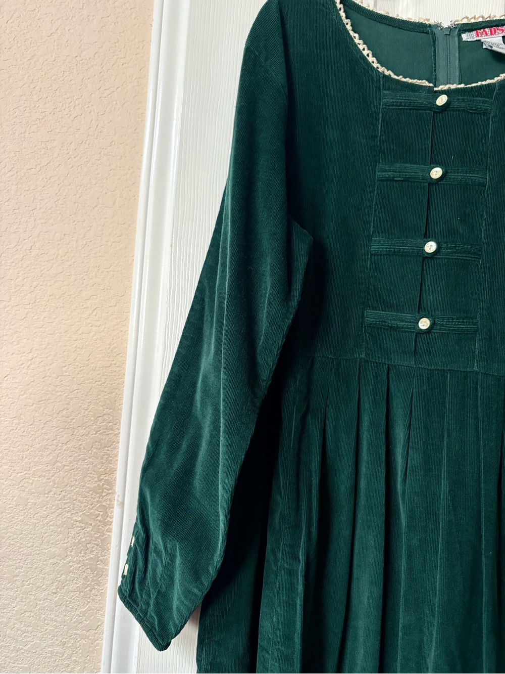 Vintage 90’s Emerald Green Corduroy Midi Long Sleeve Dress Pearl Buttons Size 16 - Picture 6 of 13